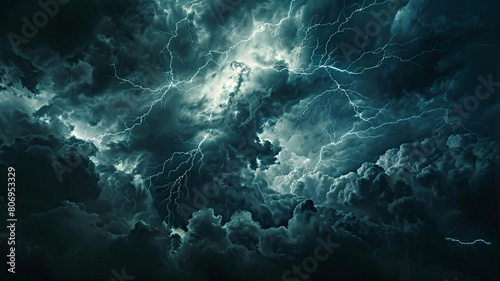Dark ominous nighttime thunderstorm, stormy background photo