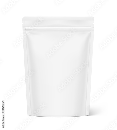 Realistic stand up pouch bag mockup with transparent shadow. Front view. Vector illustration isolated on white background. Ready for your design. EPS10.