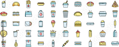 Takeaway food icons set outline vector. Coffee box. Cafe food thin line color flat on white