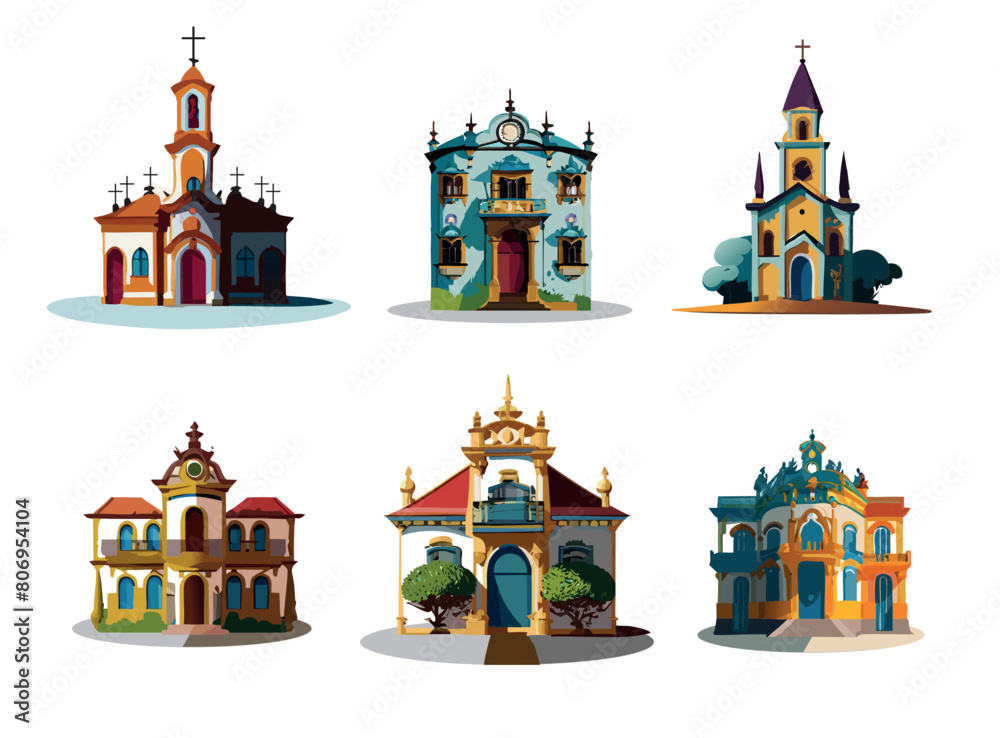 Casarões e igrejas no estilo barroco. Vinhetas.