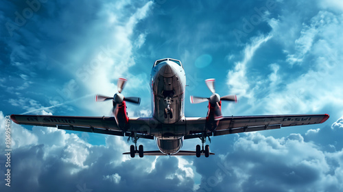 Dramatic front view of a twin-engine propeller aircraft descending from a cloudy sky.