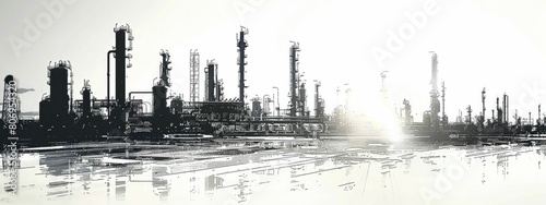 Capture the stark beauty of an oil refinery's silhouette against the sky for showcasing industrial tech advancements.