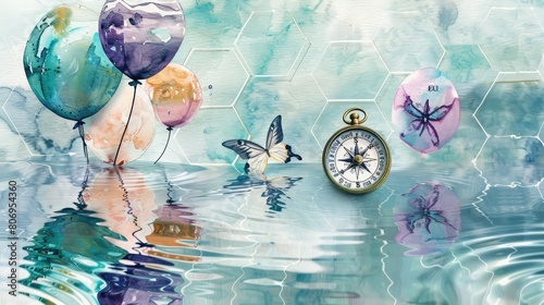 Tranquil lake with liquid ripples, hexagonal water, skimming butterfly, vintage compass, and reflective watercolor balloons. photo