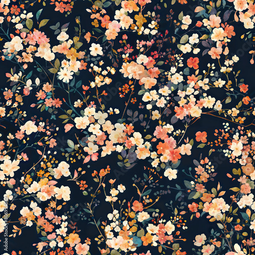 Bright-colored flowers and verdant foliage, in rosy peach and lush sage tones on dark background. Watercolor style. Textile Design, Wrapping Paper, Stationery Background, Creative Projects