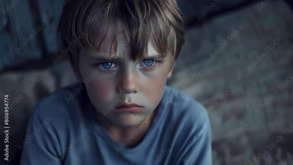 A young boy with blue eyes and a blue shirt is looking down. He is sad or upset