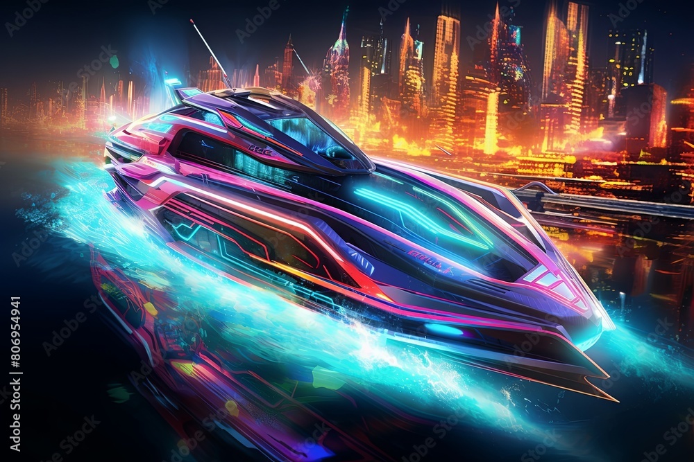 Illustration of a high speed boat or ship sailing through sea water near harbor city at night with the neon light of speedy movement. Generative AI. Illustration of a high speed boat or ship sailing through sea water near harbor city at night with the neon light of speedy movement. Generative AI.