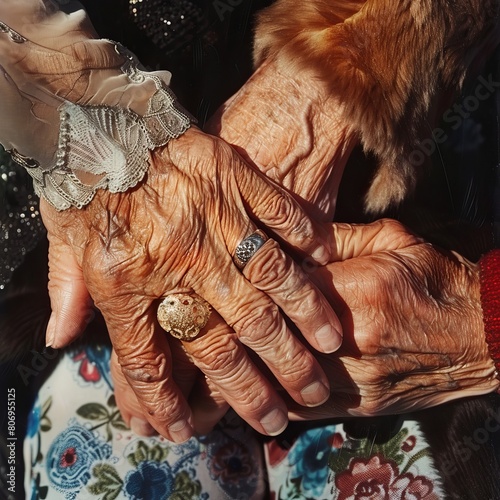 a color photo of an old woman's hands and a teenager's hands side by side  © bteeranan