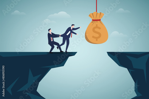 Money trap and business risks, insurance concept. Vector of greedy businessman running to the bait, another man trying stop him.