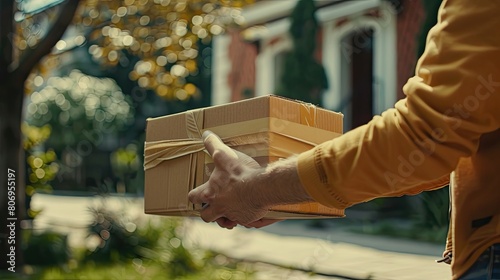 close up Delivery man's in uniform hand holds a box and hands it to the recipient. shopping online