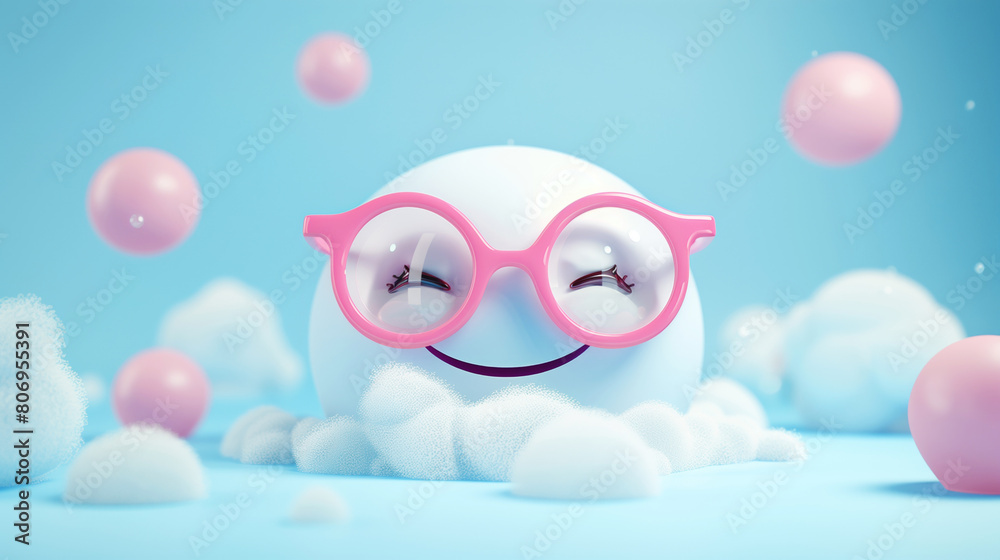 Cheerful animated character with large pink glasses and a wide smile surrounded by clouds and floating pink spheres. Cheerful animated character with large pink glasses and a wide smile surrounded by clouds and floating pink spheres.