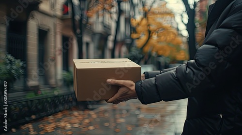 close up Delivery man's in uniform hand holds a box and hands it to the recipient. shopping online