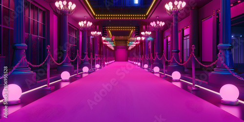 Vivid violet corridor with high technology ornament illustration and purple carpet on pathway with light globes on the edges of pathway.
