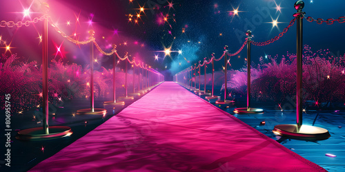 Glamorous party background Premiere purple pathway Carpet with ribbon stand on the edges of carpet with blue background and lights on it.