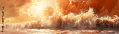 Massive Waves of Superheated Water Crash Against Crumbling Seawall Sending Up Huge Plumes of Steam Amidst an Ominous Orange Red Sky the Devastating