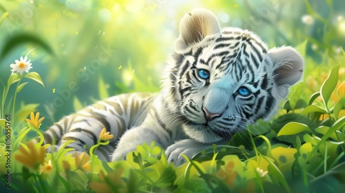 adorable ambiance cute baby white tiger in lush field digital illustration