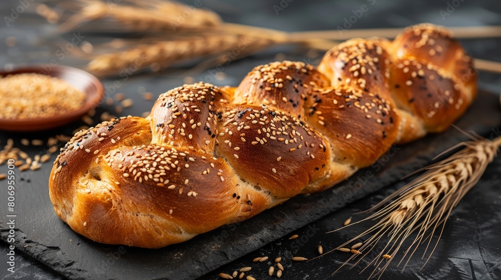 Elegantly braided bread sprinkled with seeds alongside golden wheat on dark slate