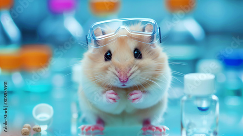 Adorable hamster wearing protective goggles in a laboratory setting with vials and lab equipment.