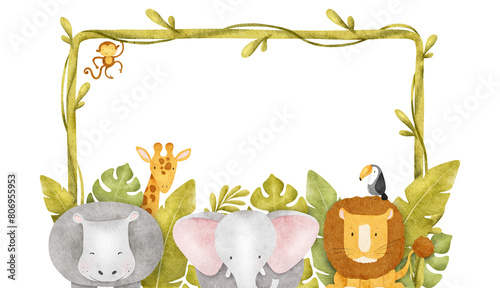 Canvas Print Frame of African jungles animals elephant, monkey, lion, giraffe, toucan, hippo, tropical leaves