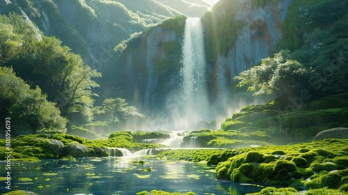 A lush green valley with a waterfall and a stream. The water is clear and calm, and the surrounding trees are tall and green. The scene is peaceful and serene photo