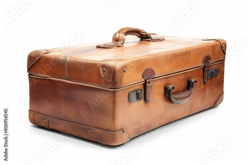 Classic leather suitcase photo on white isolated background