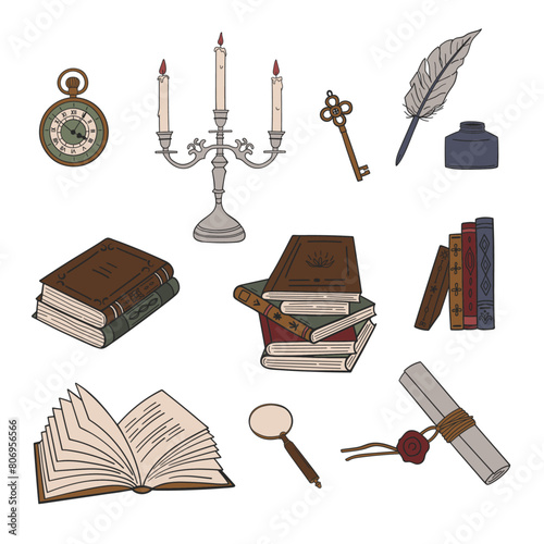 Dark academia style educational set. Vintage elements collection. Lifestyle vector illustration in dark colors © chekiwart