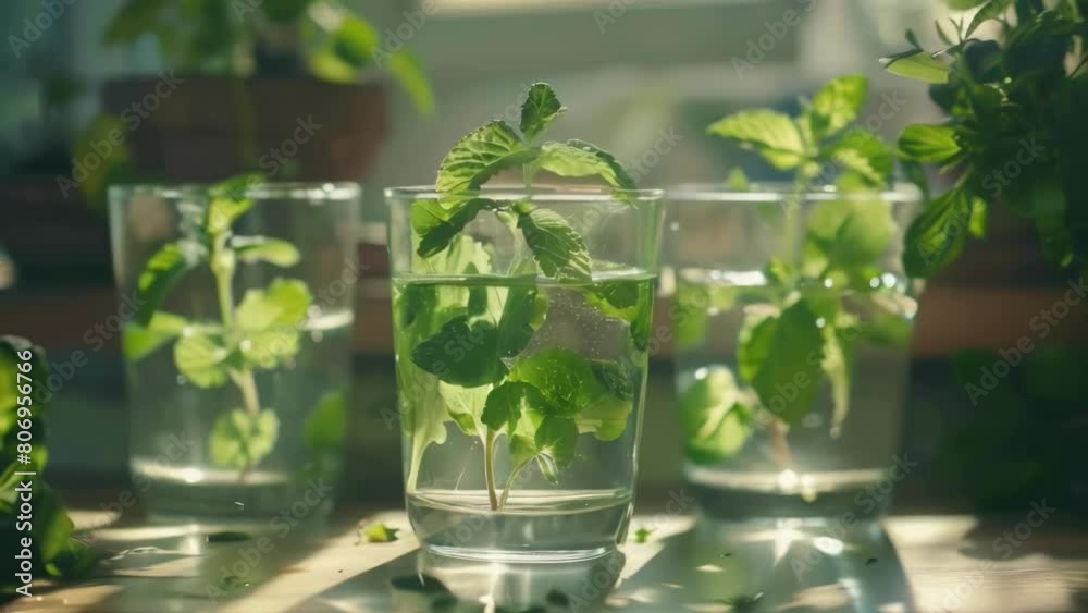 Three glasses of water with mint leaves floating in them. The glasses are placed on a table in front of a window Three glasses of water with mint leaves floating in them. The glasses are placed on a table in front of a window