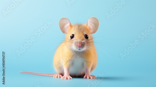 A vibrant yellow mouse with black eyes and pink ears sits on a smooth blue surface © FMSTUDIO