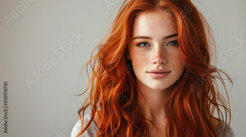 beautiful young woman with long wavy auburn hair and coppery glow studio portrait