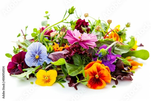 Edible flower salad photo on white isolated background © Aditya