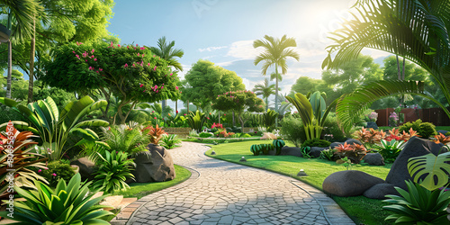 There is a small garden with many trees and plants and a pathway on the middle and a palm tree on the sky blue background at sunny day.