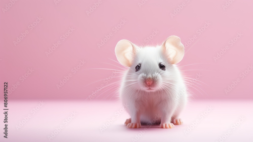 A small white rat perched elegantly on a pink surface, showcasing grace and innocence