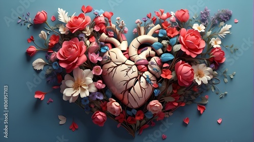Human heart with flowers, notion of love and emotion, kindhearted individual, assistance and altruism, and generative AI