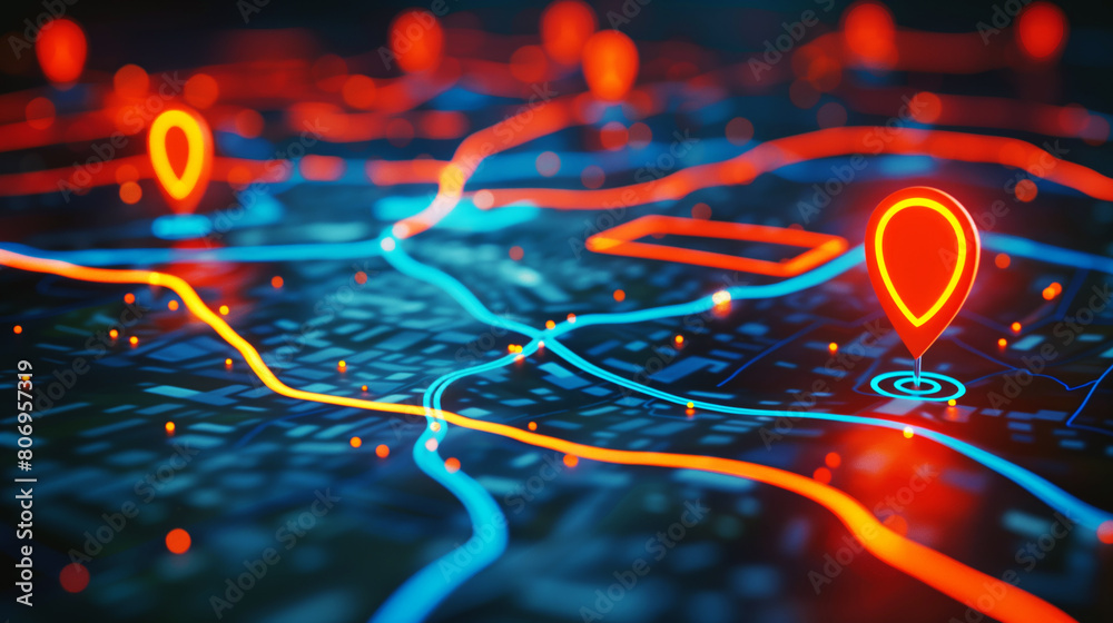 Digital illustration of a vibrant, detailed city map with glowing location pins and connecting lines. Digital illustration of a vibrant, detailed city map with glowing location pins and connecting lines.