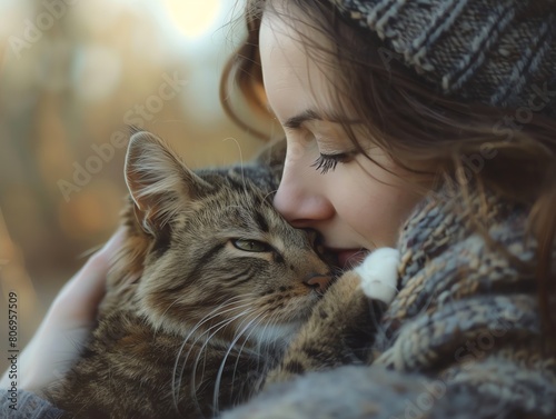Woman cuddling with cat