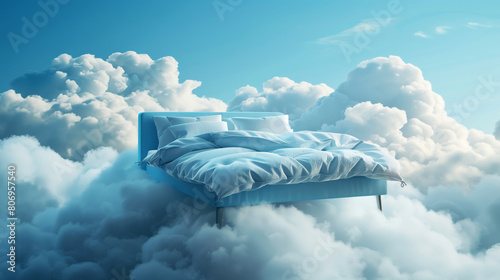 Surreal concept of a cozy blue bed floating among fluffy white clouds under a blue sky.