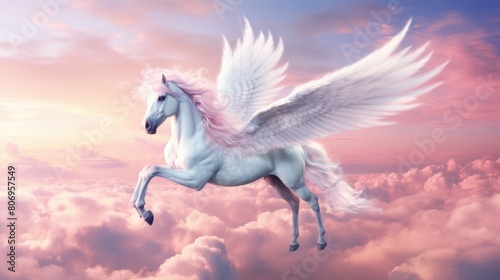 Ethereal pegasus watercolor illustration - Generative AI. White, pegasus, wings, clouds.