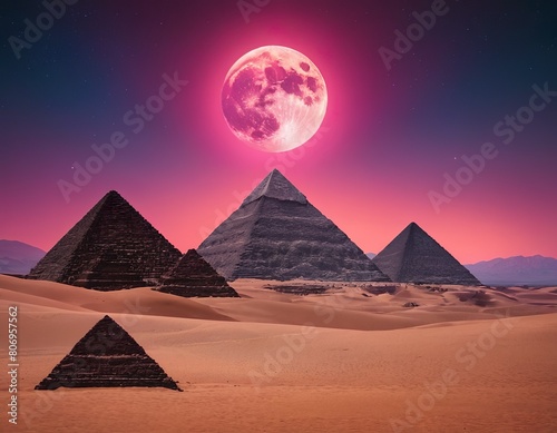 pyramids in a desert landscape with glowing neon moon in the sky.