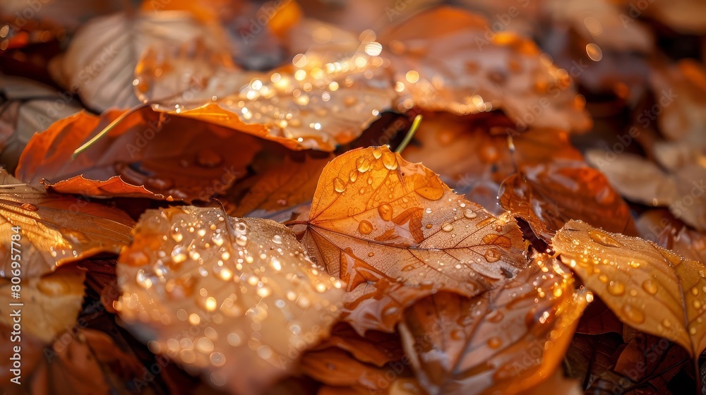closeup of fallen leaves with dew drops reflecting morning sun autumn nature photography closeup of fallen leaves with dew drops reflecting morning sun autumn nature photography