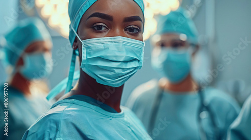 Confident African American surgeon with team in the background. © PhotoGranary