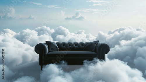 A surreal image featuring a luxurious black leather sofa floating among fluffy white clouds against a soft blue sky.