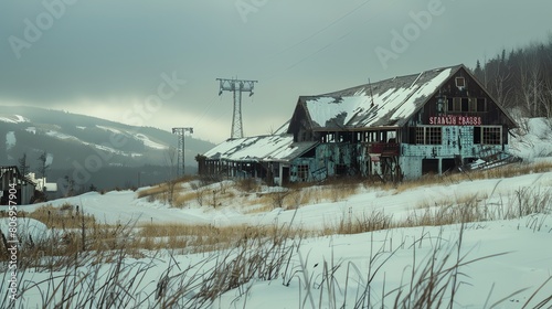 This image shows an abandoned ski resort. The lodge is in disrepair, and the ski lifts are no longer operational. photo