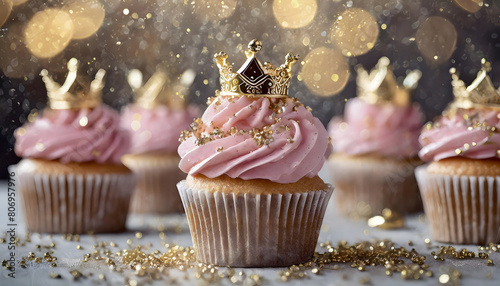 Prinzess, cup cakes, neu, close up, krone, muffins, rosa, gold, hintergrund, copy space, rose, pink, golden, krönchen, bokeh, konfetti, feier, party, geburtstags-, karte, glückwunsch, kreativ, girl, 
