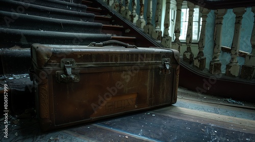 A vintage suitcase sits at the bottom of a grand staircase in an abandoned mansion.