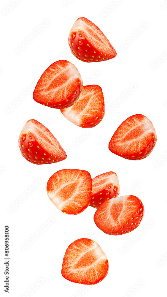 Falling strawberry isolated on white background, full depth of field Falling strawberry isolated on white background, full depth of field
