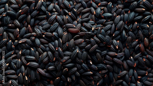Full frame of black rice grains displaying a unique texture and the natural beauty of this healthy staple food. photo
