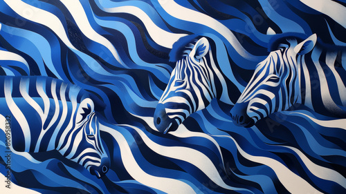 A painting of three zebras swimming in a blue and white wave