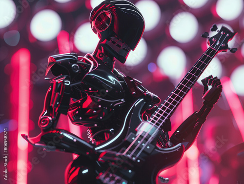 An advanced cyborg guitarist wows with a heavy metal performance on an electric bass, using an AI composer to create captivating tunes.
