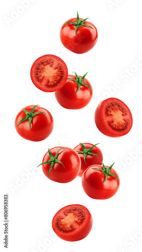 Falling tomato isolated on white background, full depth of field