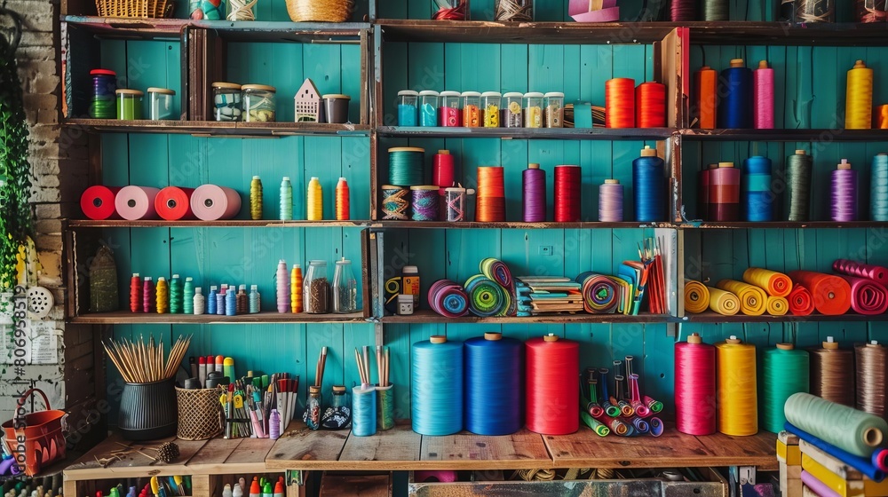 crafting haven vibrant sewing and art supplies organized on wooden shelves creative concept crafting haven vibrant sewing and art supplies organized on wooden shelves creative concept