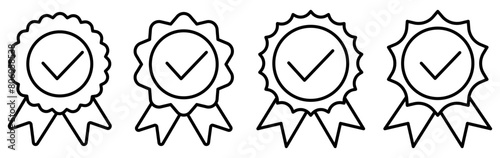 Rosette stamp line icon set. Linear award ribbon badge with checkmark tick collection. Medal with approve symbol group. Vector illustration isolated on white. © Віталій Баріда